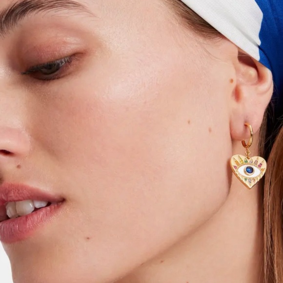 KATE SPADE Mother Of Pearl & Stone Evil Eye Drop Huggie Hoop Earrings - Picture 5 of 7